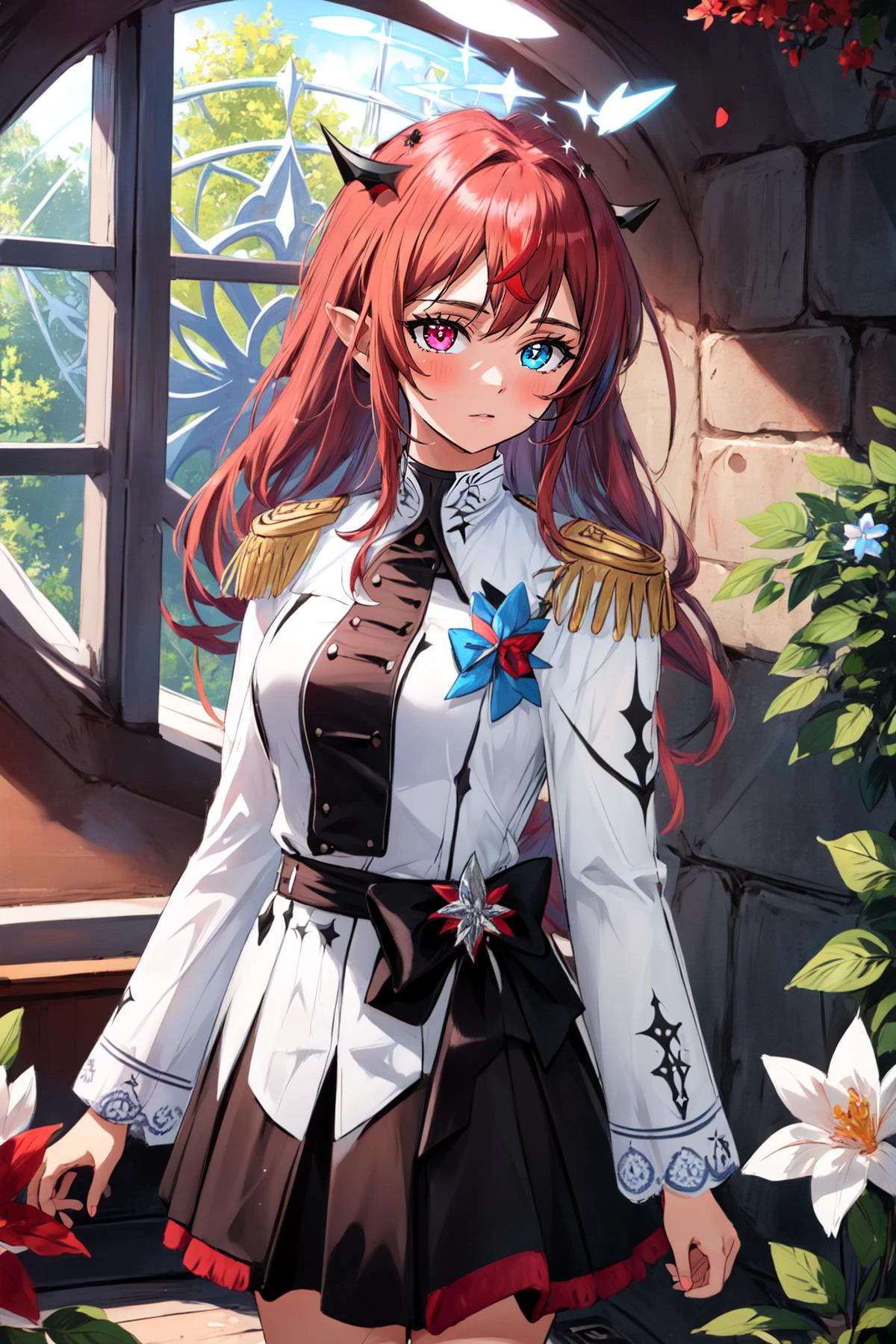 (masterpiece, best quality), intricate details,
1girl, <lora:IrysHololive:0.8> IrysHolo, heterochromia, long hair, halo, red hair,
<lora:edgElegant:1> edgElegant, epaulettes, wearing edgElegant