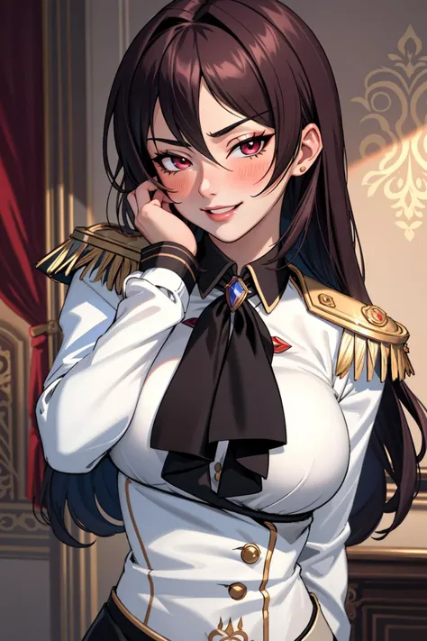 ((Masterpiece, best quality)),edgQuality,smirk,smug,dark hair
edgElegant, 1girl, solo, long hair, breasts, looking at viewer, blush, open mouth, epaulettes,wearing edgElegant
<lora:edgElegant:1>