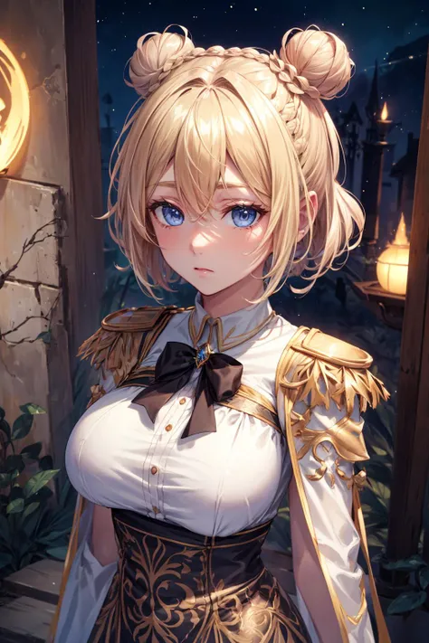 (tmasterpiece:1.2), (Best quality at best:1.2), perfect  eyes, s the perfect face, perfect litthing, 1个Giant Breast Girl, Mature women in the field, Medium blonde, curlies, Meticulous clothes, Detailed outdoor background, cosmetics, eye shadows, thick eyeslashes, fanciful, looking at viewert, springtime