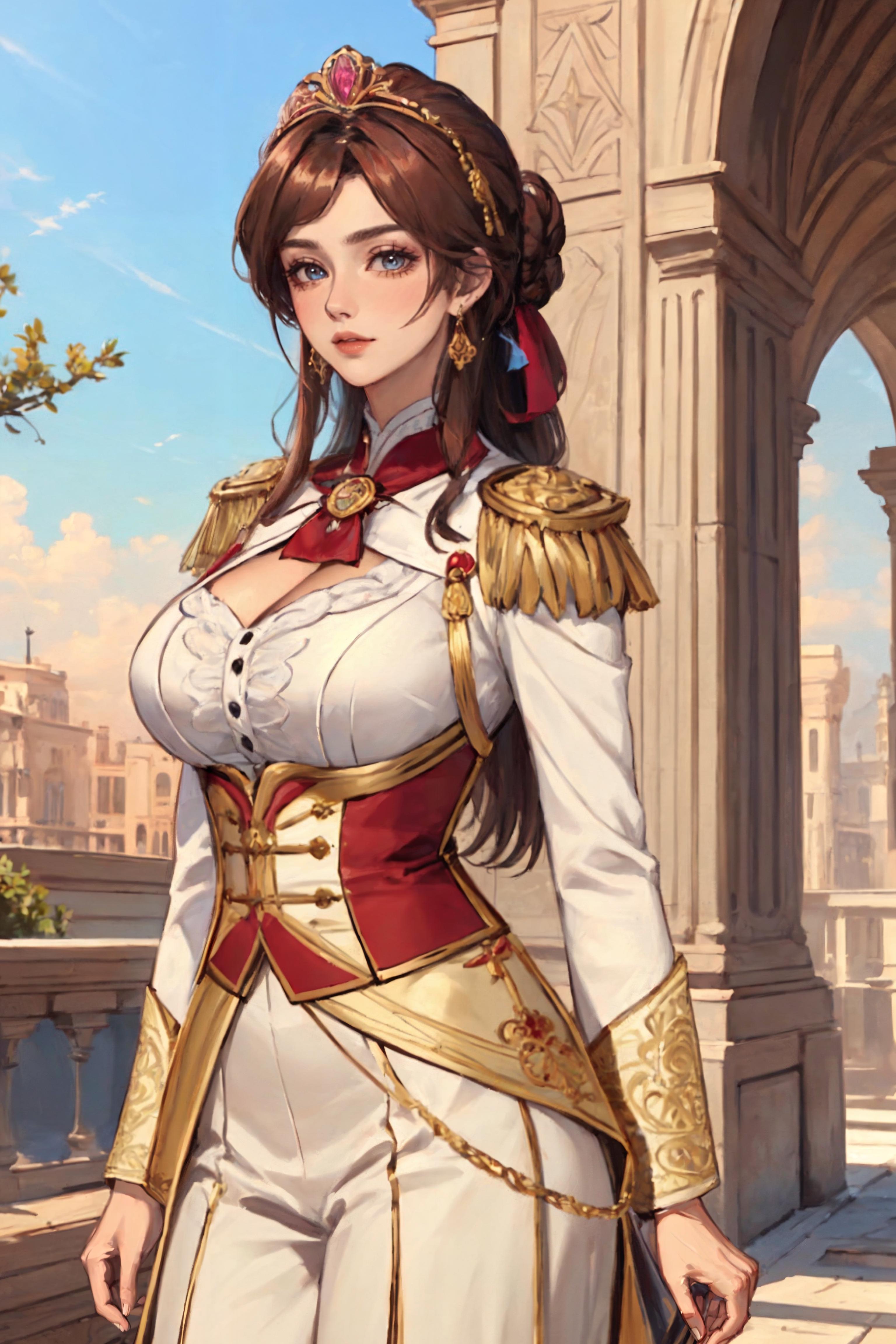 A woman in a white and red dress standing in front of a building ...
