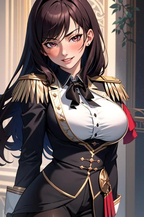 (masterpiece, best quality:1.2), 1girl, solo, military uniform, red skirt, brown hair, green eyes, very long hair, elbow gloves, dare thigh, thighighs, long jacket, collar jacket, clothed, black turtle neck, hairs between eyes, shoulder jacket, black upper body wear, black legs wear, medium breasts, open jacket, uniform button, ultra detailed, ultra high res, cg unity 8k wallpaper, perfect eyes,