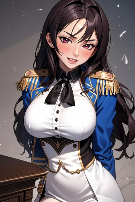 ((Masterpiece, best quality)),edgQuality,smirk,smug,dark hair
edgElegant, 1girl, solo, long hair, breasts, looking at viewer, blush, open mouth, epaulettes,wearing edgElegant
<lora:edgElegant:1>
