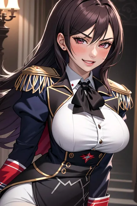 Two Girls, Couple, bangs, salute, Hands on hips, Gold earrings, Large Breasts, jewelry, military cap, (uniform), (epaulet), Jacket, Harness, Thigh straps, Black thigh-high boots, (Pencil Skirt), mini skirt, corruption, (Dark skinned women, Dark Skin:1.3), Hollow Eyes, Half-closed eyes, Wicked Smile, No students, Grin, ((Mature Woman)), Mature Woman, Married women, (Dark Theme:1.2), Dark person, Huge Saggy Tits, Skin Dentition, Chubby, Sensual, Thick thighs, Wide Hips, from the front, (chromatic aberration, Intricate details), Dynamic Angle、Grin、With a creepy smile, A smile with downturned corners,