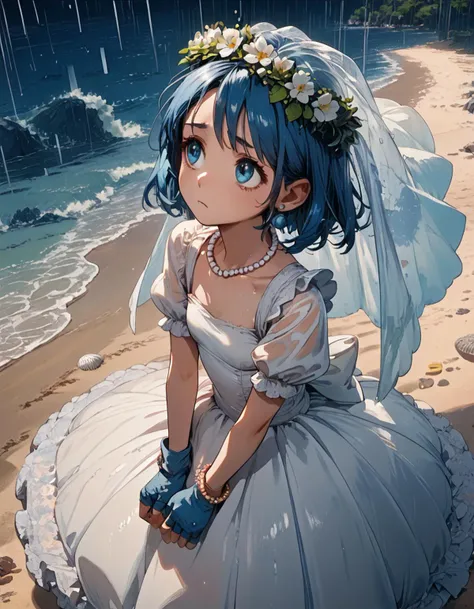 score_9, score_8_up, score_7_up, young teen, pointy , short blue hair , [flat chest:small breast:0.3], standing, sad, look up, rain, bride , petticoat , wedding dress , Bracelet , Fingerless gloves , Flower crown , Pearl strand , pearl necklace, earrings, ribbon, corsage, beach ,