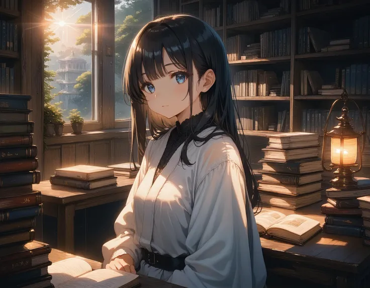 1girl,detailed background,library,books,wood desk,window,black hair,long hair, bangs,blue eyes,beautiful eyes,sitting,lantern,, score_9, score_8_up, score_7_up, source_anime, uncensored, dewy skin, perspiration on the skin,skin texture, fine lines,light reflections, glossy skin, shiny skin,
Rim Lighting, Subsurface Scattering, God Rays, Chromatic Aberration, Lens Flare, Volumetric Lighting, Anamorphic Lens Flare, Bloom, Depth of Field, soft bounced lighting, soft natural lighting,