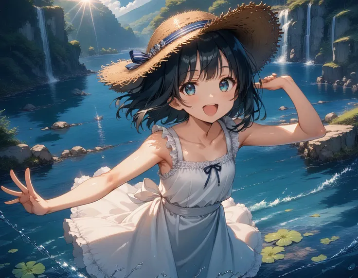 detailed background,beautiful river,stone,splash,1girl,teenager,straw hat,white sundress,,dutch angle, water reflection,laughing,open mouth,(panorama:1.2),dynamic pose, score_9, score_8_up, score_7_up, source_anime, uncensored, dewy skin, perspiration on the skin,skin texture, fine lines,light reflections, glossy skin, shiny skin,
Rim Lighting, Subsurface Scattering, God Rays, Chromatic Aberration, Lens Flare, Volumetric Lighting, Anamorphic Lens Flare, Bloom, Depth of Field, soft bounced lighting, soft natural lighting,
