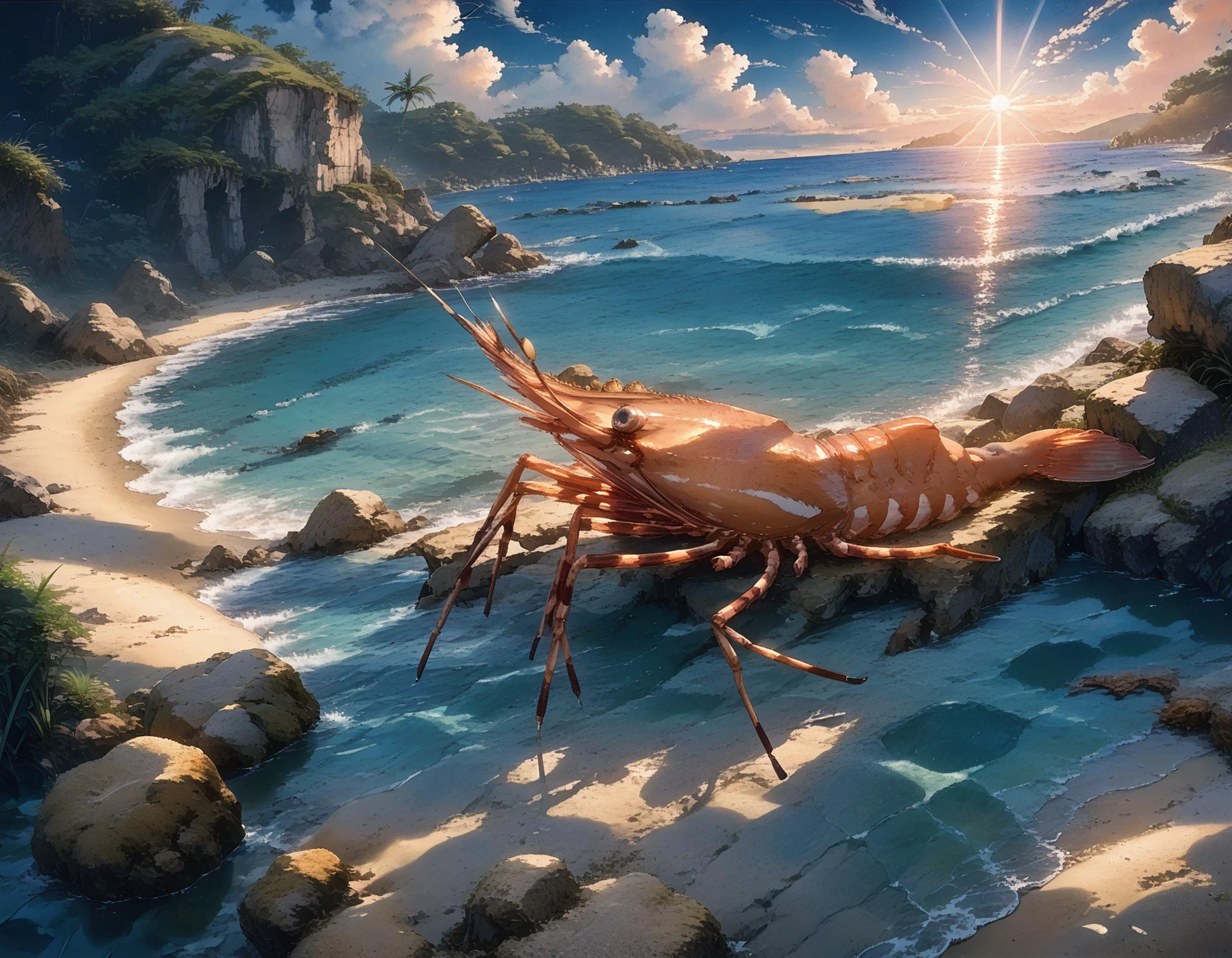 detailed background, <lora:pony_shrimp:0.9>,shrimp,beach,summer,cloud,sunshine,tropical,dutch angle, water reflection,, score_9, score_8_up, score_7_up, source_anime, uncensored, dewy skin, perspiration on the skin,skin texture, fine lines,light reflections, glossy skin, shiny skin,
Rim Lighting, Subsurface Scattering, God Rays, Chromatic Aberration, Lens Flare, Volumetric Lighting, Anamorphic Lens Flare, Bloom, Depth of Field, soft bounced lighting, soft natural lighting,