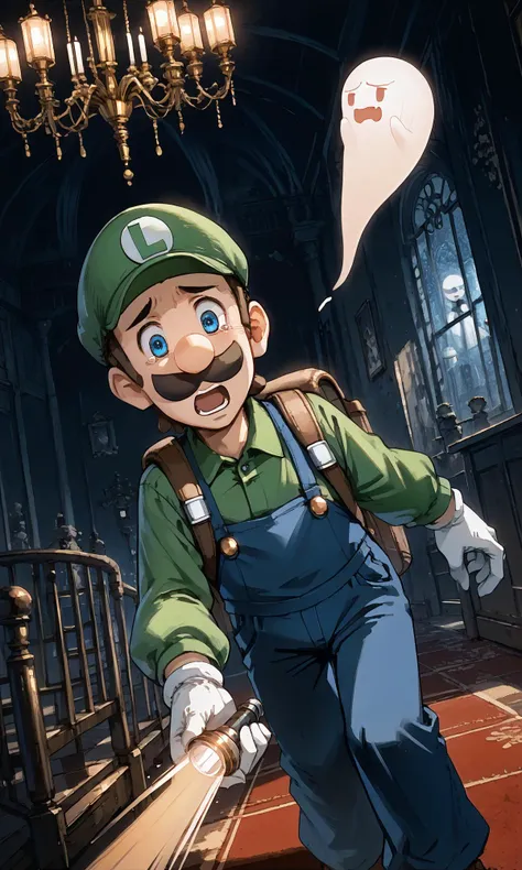 score_9, score_8_up, score_7_up, source_anime,dutch angle,
1boy,Luigi,scared,open mouth,leaning forward,
<lora:Luigi_XLPD:0.8> ,Incrsluigi, luigi ,green headwear, blue overalls, white gloves, long sleeves,Backpack,
<lora:pointing_flashlight:1> ,flpoint, looking at flashlight beam,
mansion,flying ghost,hall,chandelier,night,carpet,ghost,
intricate detailed background, (dark background:1.2),indoor,Rim Lighting, depth of field,