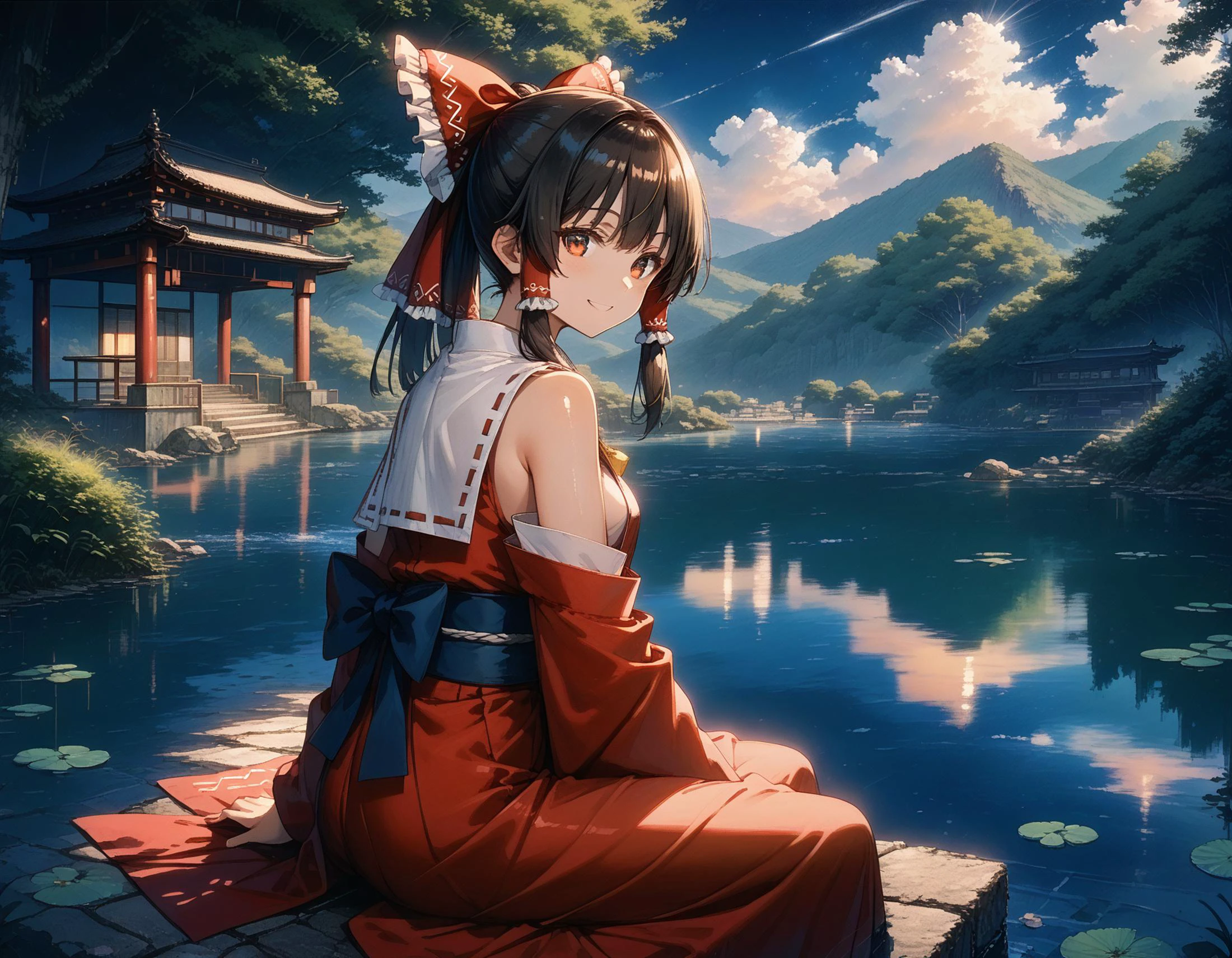 detailed background, hakurei reimu, shrine,pond,sitting on stone floor,,blue sky,miniskirt, (Panorama,Distant view,long shot:1.2),reflection,outside,naught smile,from side,three-quarter portrait,, score_9, score_8_up, score_7_up, source_anime, uncensored, dewy skin, perspiration on the skin,skin texture, fine lines,light reflections, glossy skin, shiny skin,
Rim Lighting, Subsurface Scattering, God Rays, Chromatic Aberration, Lens Flare, Volumetric Lighting, Anamorphic Lens Flare, Bloom, Depth of Field, soft bounced lighting, soft natural lighting,