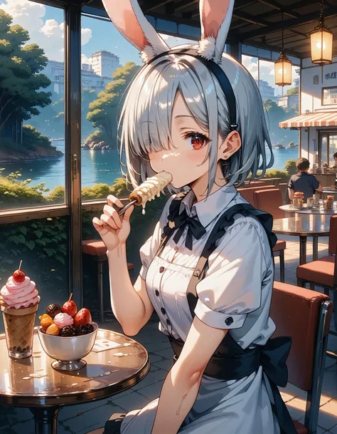 score_9,score_8_up,score_7_up,
scenery,
BREAK
1girl,
silver_hair,
red_eyes,
rabbit_ears, 
hair over one eye,
looking_at_viewer, 
waitress,
eating_ice_cream,
from_side,
cafe