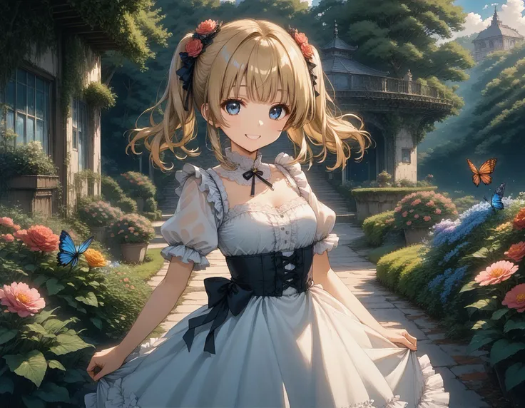 1girl,detailed background,  outside,blonde hair,twintails (hairstyle), bangs,yellow eyes,beautiful eyes,standing,beautiful flower garden,butterfly flying,cute dress,frills, smile,, score_9, score_8_up, score_7_up, source_anime, uncensored, dewy skin, perspiration on the skin,skin texture, fine lines,light reflections, glossy skin, shiny skin,black  ribbon,
Rim Lighting, Subsurface Scattering, God Rays, Chromatic Aberration, Lens Flare, Volumetric Lighting, Anamorphic Lens Flare, Bloom, Depth of Field, soft bounced lighting, soft natural lighting,