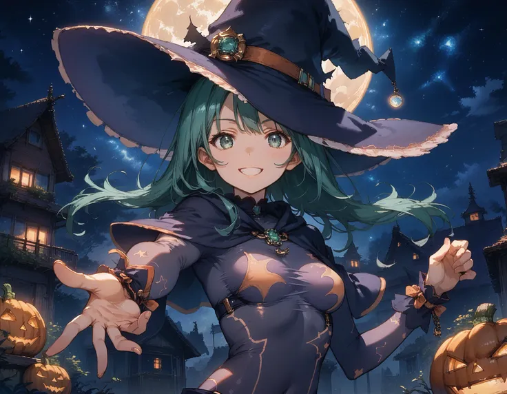 detailed background,  witch house,flying bat,(jack-o'-lantern:0.8), moon,(night:1.2),impish smile,backlighting,dynamic pose,upper body,starry sky, score_9, score_8_up, score_7_up, source_anime, uncensored, <lora:wrenchdalnatsumipd:1:1:lbw=1,0,0,0,0,0,0,1,0,0,0,0>,dalnatsumi, bodysuit, witch hat,(star print:0.8),1girl,