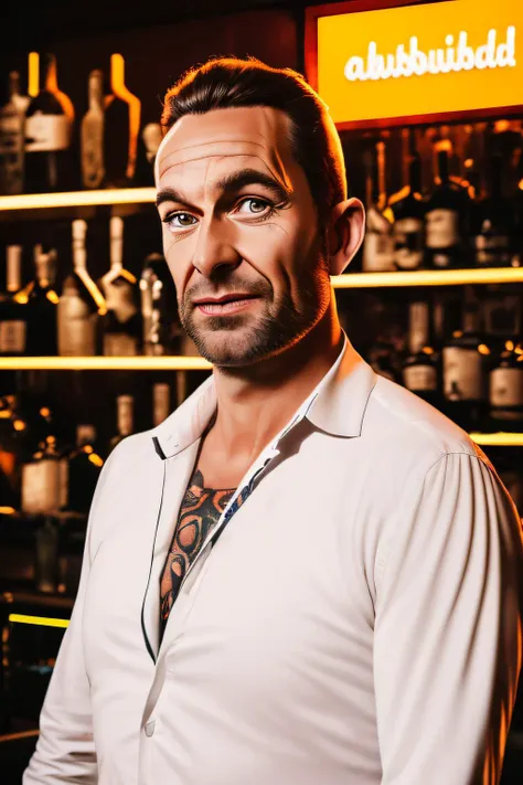 (masterpiece) (best quality)  ((professional)) cartoon portrait of  (BjornRanelid) standing at a bar, wearing a white shirt, high contrast, dark theme,   absurdres <lora:Bjrn_Ranelid_vng_v2:1.2>  (Half body composition: 1.3)  absurdres, fine detail, HDR, 8k uhd, (old) <lora:arcane_offset:0.4>