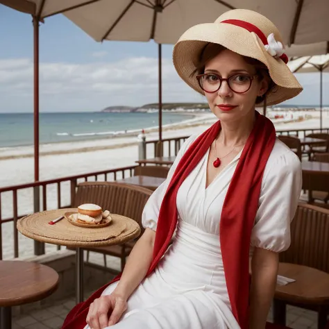 A woman in white dress, big hat, red scarf and glasses in seaside cafe, by Fabio Hurtado