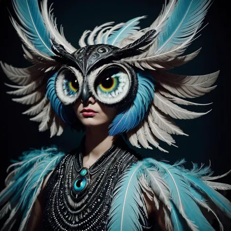 Photography, photo, cinematic, funny alien owl, glossy plumage, intricate feather patterns, popart, conceptual, groove, hypnotic, surreal, fashion, visually striking image, pop art