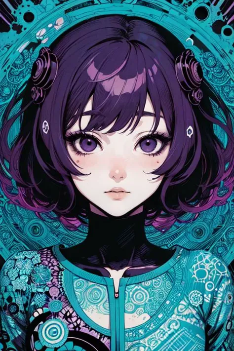 (style of Yuko Shimizu:1.2), abstract art, purple theme, dark theme, 1girl, masterpiece, best quality, ultra high res