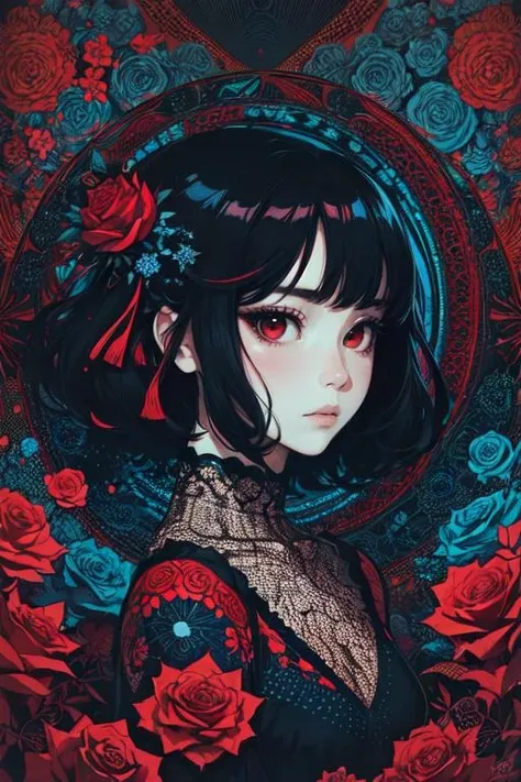 (abstract art:1.2), fractal art, psychedelic art, (style of Yuko Shimizu:1.1), red theme, dark theme, 1girl, roses, hair ornament, somber expression, dark blue accent, masterpiece, best quality, ultra high res, award-winning art, highly detailed, beautiful, aesthetic