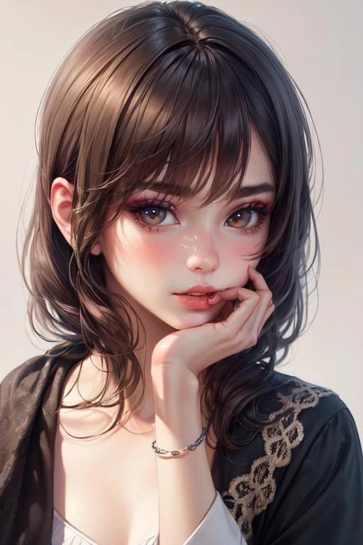 girl, close-up, looking at viewer, wispy swept bangs, hand on own cheek, portrait, ((sleevless blouse, shawl)), bracelet, pastel manicure, thick eyebrows, simple background, super model, fashion model, parted lips, (High Key Lighting, makeup), blush, rouge \(makeup\),
masterpiece, top quality, best quality, official art, unity 8k wallpaper, highres, ultra-high res, ultra-detailed, beautiful and aesthetic, (photorealistic:1.4), <lora:add_detail:0.5>