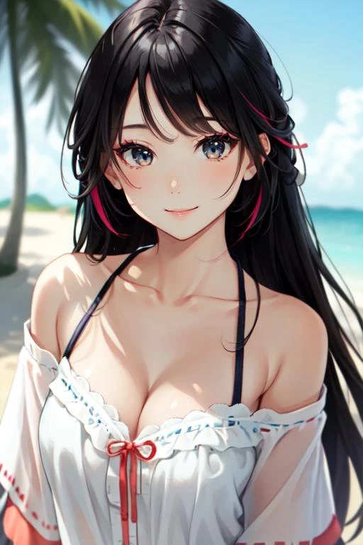 1 girl solo, (best quality, masterpiece), (blurry_background:1.3), blurry_foreground, depth_of_field, (ultra-detailed), (best illustration), (best shadow), ultra-high res, close-up photo, (detailed face:1.4), makeup, beautiful eyes, good-looking, smile, long hair, upper body, (colorful short shirt with off shoulder and lace trim:1.2), cleavage, small breasts, slim, perfect skin, Asian, standing, beach, seashore, palm_tree, water, summer, professional lighting, <lora:lora-hanfugirl-v1-5:0.5>