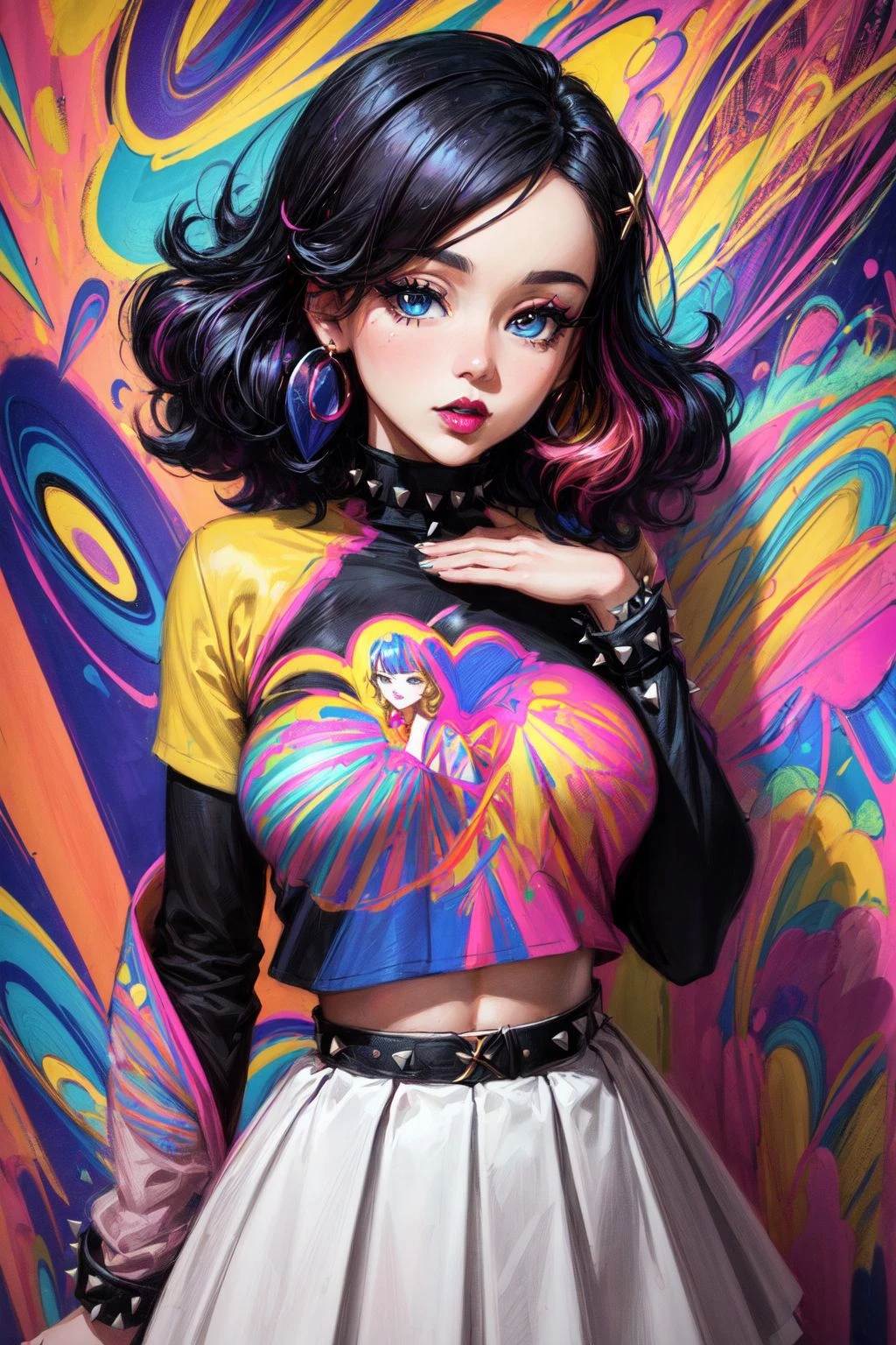 (masterpiece:1.4, best quality), (intricate details), unity 8k wallpaper, ultra detailed, a South Korean girl, Resilience, Pleated midi skirt with a tucked-in blouse, spiky hair, big hair, copper, Gemstone hairpins, Glossy black lip for a bold statement, (Vibrant), (Peter Max:1.4), (Warhol's Marilyn Monroe screen print:1), <lora:more_details:0.8>