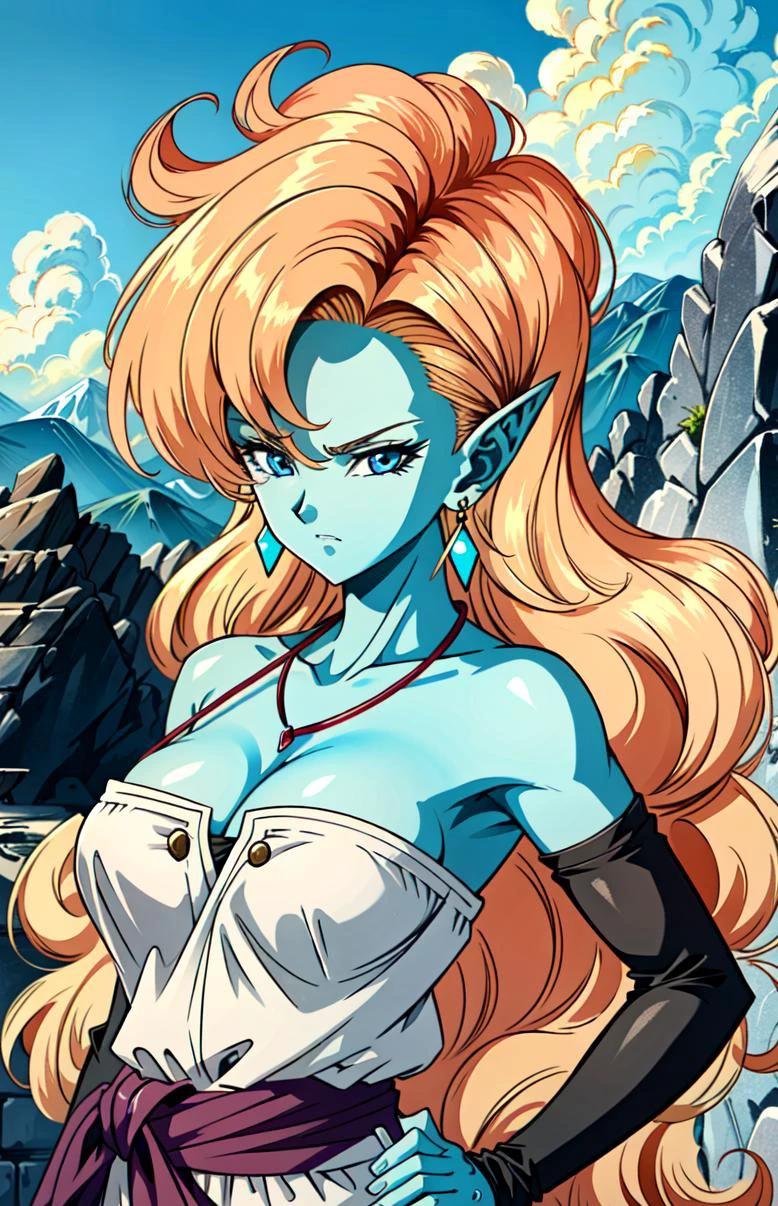 (extremely detailed CG unity 4k wallpaper),(masterpiece),(best quality),(ultra-detailed),(best illustration),(best shadow),(absurdres),(detailed background), <lora:OGT_Zangya-v1:0.7> Zangya, 1girl, solo, jewelry, breasts, long hair, beautiful blue eyes, earrings, orange hair, colored skin, necklace, belt, cleavage, curly hair, pointy ears, hand on hip, hand in own hair, green skin, medium breasts, bare shoulders, detached sleeves, very long hair, strapless, blonde hair, anime coloring, mountains, outdoors
