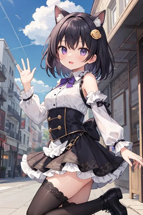 <lora:GoodHands-vanilla:1>, <lora:add_detail:0.3>, (masterpiece), best quality, high resolution, highly detailed, detailed background, perfect lighting, sky, clouds, 1girl, medium hair, black hair, crossed bangs, purple eyes, medium breasts, white shirt, black dress, drastic hair ornaments, skirt, frills, lace rims, frilled sleeves, frilled skirt, thighhigh, ankle boots, looking at viewer, waving hand, waving, waving towards viewer