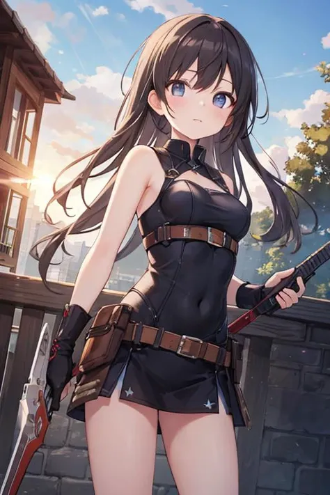 (masterpiece), best quality, high resolution, highly detailed, detailed background, perfect lighting, lens flare, outdoor, 1girl, weapons
