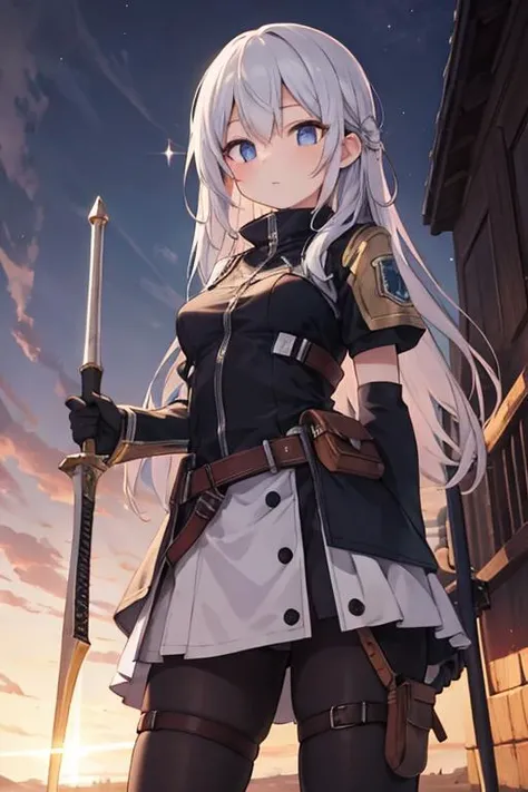 (masterpiece), best quality, high resolution, highly detailed, detailed background, perfect lighting, lens flare, outdoor, 1girl, weapons