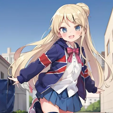 (masterpiece, best quality, ultra-detailed, beautiful detailed shiny blue eyes),<lyco:kujo-karen_v3:0.7>,Kujo Karen,union jack jacket, striped bow, white shirt, long sleeves, pleated skirt, blue skirt, kneehighs, sneakers,park,active pose,dramatic angle,angelic smile,;d
