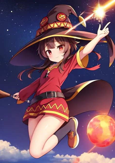 masterpiece, best quality, ultra-detailed,1girl, <lora:Megumin:0.7>,Megumin,jumping,mantle,witch hat,jeweled staff,many meteorites falling,planet background, <lora:GoodHands-vanilla:0.8> <lora:anmnr01:0.3> ,<lora:add_detail:0.5>