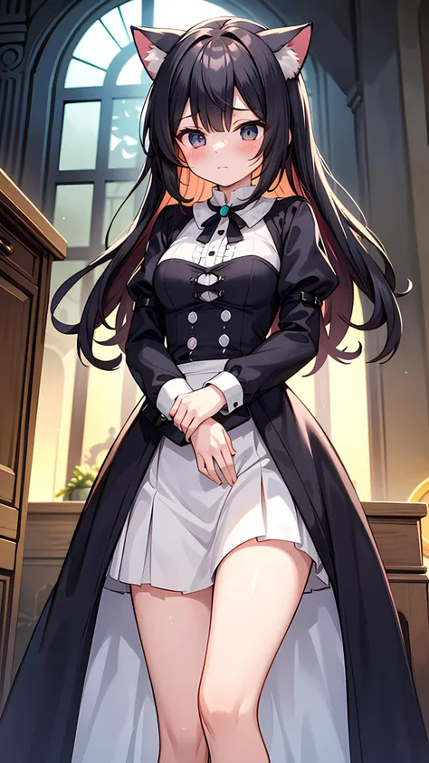 <lyco:EnvyBetterHands:1.0>, <lora:add_detail:0.3>, (masterpiece), best quality, detailed background, cinematic lighting, castle, 1girl, solo, extremely cute, embarassed, blush, cat ears
