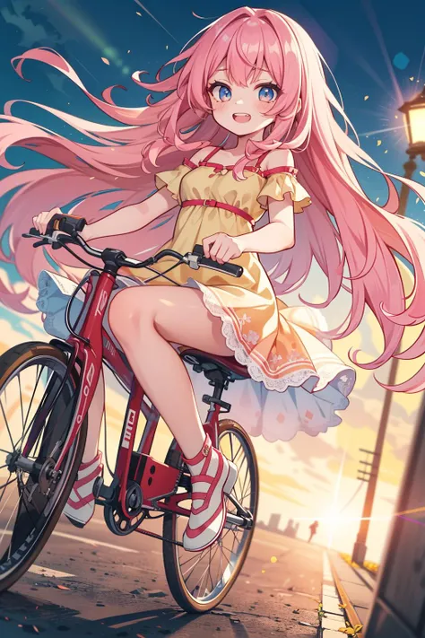masterpiece, best quality, highres, 8k portrait, sharp focus, highly detailed, beautiful face, beautiful eyes, detailed skin, detailed background, professional lighting,
1girl, (full body:1.2), dynamic angle, dutch angle, long hair, pink hair, wavy hair, summer dress, light yellow dress,
Girl riding the big bike, lens flare, grin, naughty, open mouth