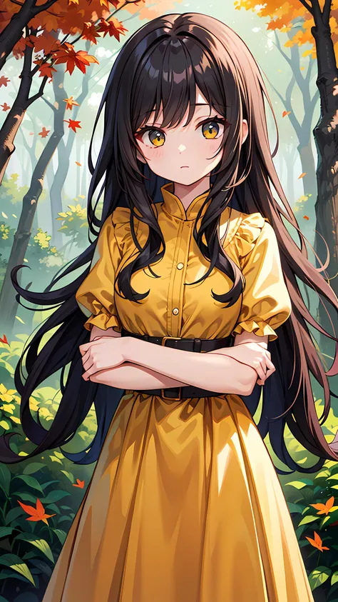 <lyco:EnvyBetterHands:1.0>, <lora:add_detail:0.3>, (masterpiece), best quality, detailed background, cinematic lighting, autumn forest, 1girl, solo, long wavy hair, orange and yellow dress