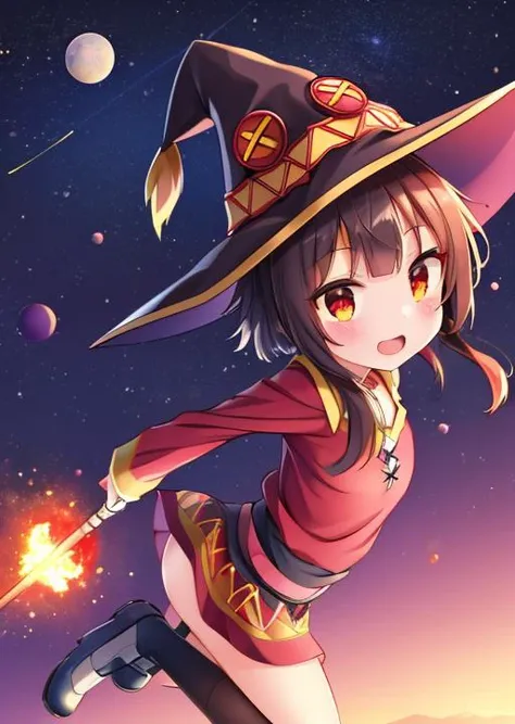 masterpiece, best quality, ultra-detailed,1girl, <lora:Megumin:0.7>,Megumin,jumping,mantle,witch hat,jeweled staff,meteor falling,planet background, <lora:GoodHands-vanilla:0.8> <lora:anmnr01:0.3> ,<lora:add_detail:0.5>