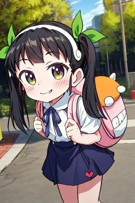 masterpiece, best quality,ultra detail, <lora:anmnr01:0.3> <lora:add_detail:0.5>,<lora:GoodHands-vanilla:0.8>,mayoi_hachikuji <lora:hachikuji-v3:0.8>,outdoor,petite,chibi,backpack,green_ribbon,hachipack,evil smile