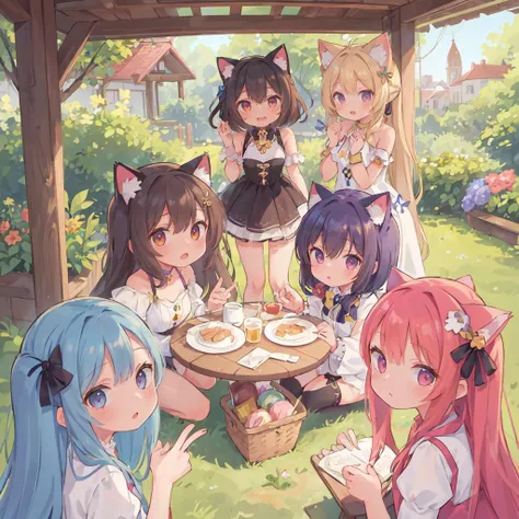 masterpiece,best quality,perfect composition,intricate details,((6+girls:1.5)),cute,cat ears,cat tail,random colored hair,fine detailed eyes,barefeet,lace summer dress,looking at the viewer,outside,luxurious garden,picnic, <lora:COOLKIDS_MERGE_V2.5:0.5> <lora:BetterFeet:1>