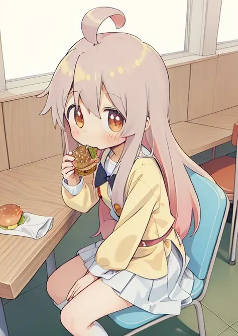 masterpiece, best quality, highres, 1girl,<lora:onimai:0.7>,oyama_mahiro,ahoge,long hair,(nichijou,comic,manga style,(eating hamburger with right hand),humburger shop,sitting chair,table,cute onepiece)