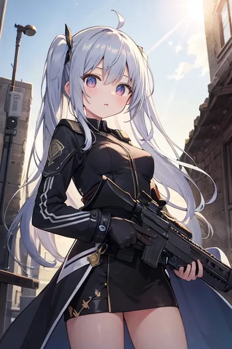 (masterpiece), best quality, high resolution, highly detailed, detailed background, perfect lighting, lens flare, outdoor, 1girl, weapons