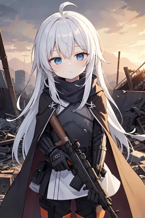 masterpiece, best quality, high resolution, highly detailed, detailed background, perfect lighting, outdoor, 1girl, flat chest, pale skin, blue eyes, ahoge, white hair, absurdly long hair, rifle, expressionless eyes, tactical gear, dawn, riffle, tactical gloves, cold attitude, war scenery, destroyed buildings, dust, orange clouds, cloak, scarf, explosion, armored, futuristic, half-closed eyes