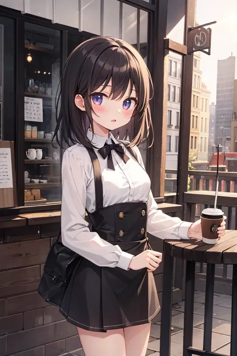 (masterpiece), best quality, high resolution, highly detailed, detailed background, perfect lighting, lens flare, outdoor, city, cafe, coffee shop, 1girl, medium hair, small breasts,