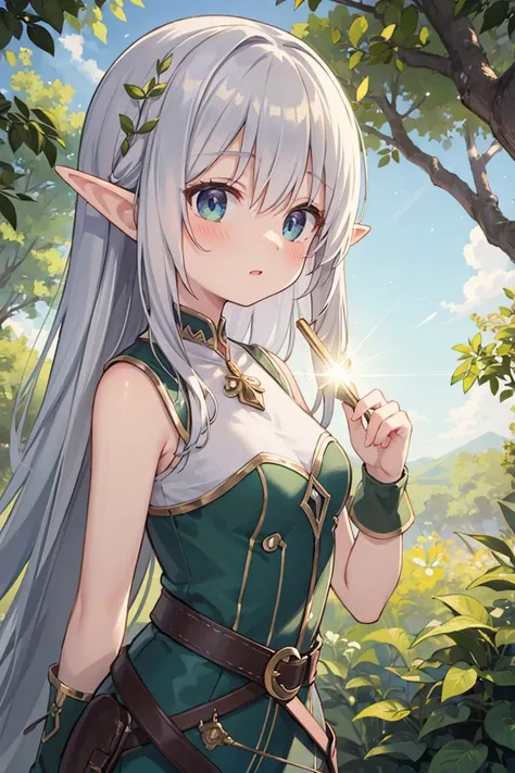 (masterpiece), best quality, high resolution, highly detailed, detailed background, perfect lighting, lens flare, fantasy, nature, 1girl, 120yo elf girl,