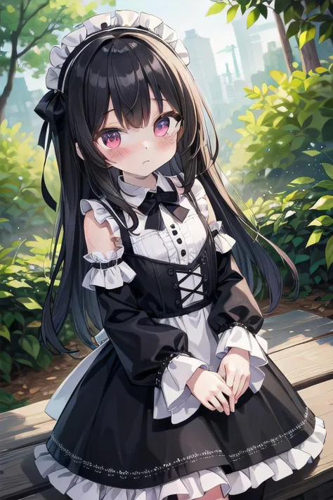 <lyco:EnvyBetterHands:1.0>, <lora:add_detail:0.3>, (masterpiece), best quality, detailed background, cinematic lighting, nature, 1girl, long hair, black hair, cute, blush, dress, frills