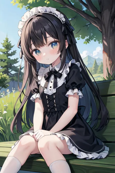 <lyco:EnvyBetterHands:1.0>, <lora:add_detail:0.3>, (masterpiece), best quality, detailed background, cinematic lighting, nature, 1girl, long hair, black hair, cute, blush, dress, frills, sitting, facing viewer