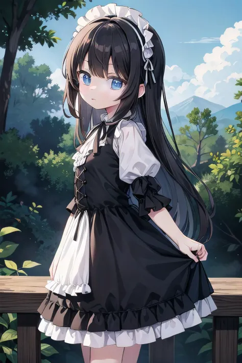 <lyco:EnvyBetterHands:1.0>, <lora:add_detail:0.3>, (masterpiece), best quality, detailed background, cinematic lighting, nature, 1girl, long hair, black hair, cute, blush, dress, frills