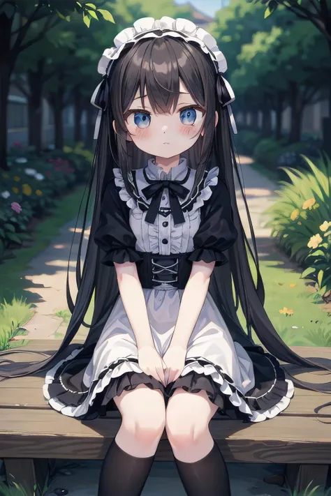 <lyco:EnvyBetterHands:1.0>, <lora:add_detail:0.3>, (masterpiece), best quality, detailed background, cinematic lighting, nature, 1girl, long hair, black hair, cute, blush, dress, frills, sitting, facing viewer