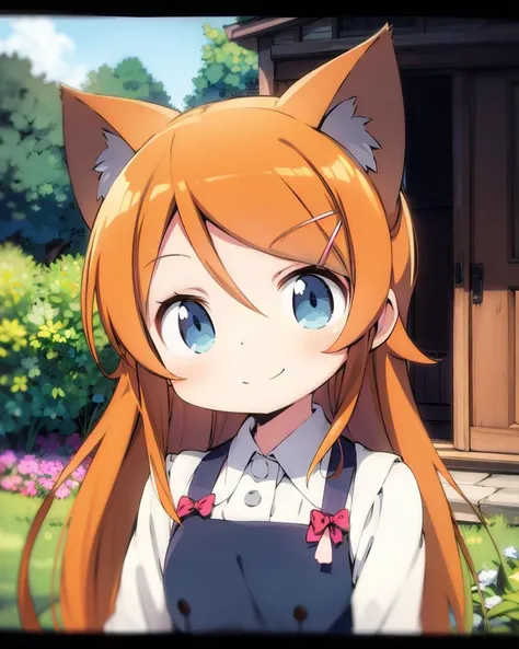 masterpiece, best quality, highly detailed, looking at viewer, upper body, smile, kousaka kirino, cat ears, orange hair, blue eyes, residence, garden, fantasy, <lora:Kanzaki Hiro:0.8>