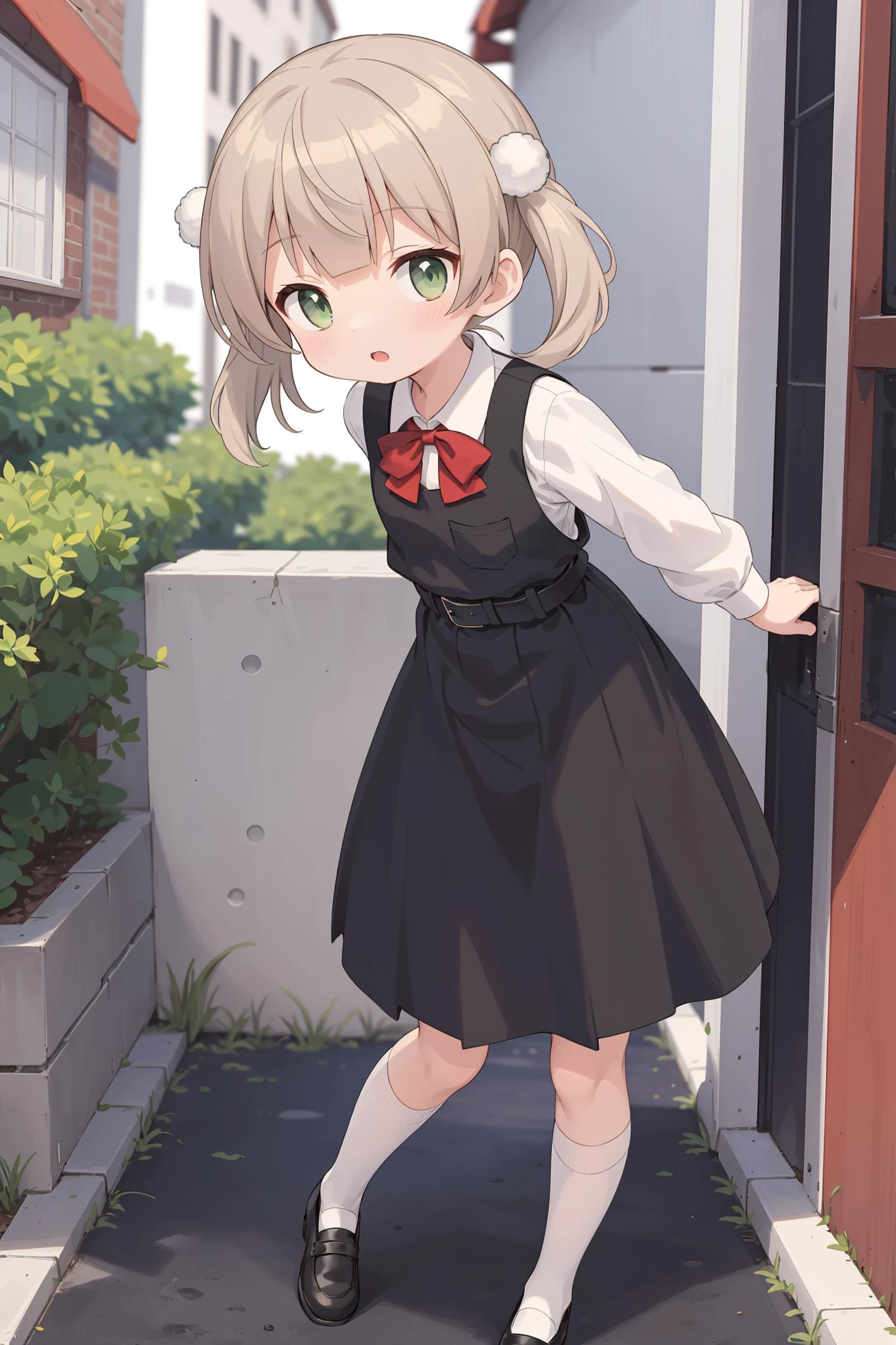 masterpiece, best quality, finely detailed, high resolution, extremely delicate and beautiful, 1 girl, chibi, aged down, child,t hair, light brown hair, twintails, pom pom hair ornament, hair intakes, green eyes, school uniform, bangs, red bow, collared shirt, white shirt, long sleeves, randoseru, red backpack, belt, black dress, sleeveless dress, pleated dress, pinafore dress, flat chest, kneehighs, white socks, black footwear, uwabaki, stand in alley. <lora:Shigure Ui(Q):0.8>