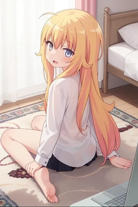 masterpiece,best quality,solo,1girl,gabriel tenma white,longhair,petite,from back,close up,bed,desk,private room,laptop,carpet,messy room,open mouth,facing viewer,oversize shirt,sitting on carpet,closed curtain,bare foot<lora:gabriel-gabdro:0.7>