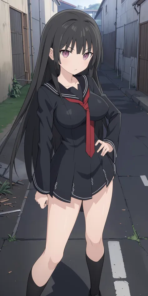 masterpiece, best quality, finely detailed, high resolution, extremely delicate and beautiful, 1 ***********, Kisara Tendou, black long hair, black school uniform, school leather shoes, long sleeves, big breasts, (full bare legs:1.2), bare thighs, hips, slender body, (slender waist:1.2), standing in ruins alley, red necktie.   <lora:black_bullet Kisara Tendou:0.7>