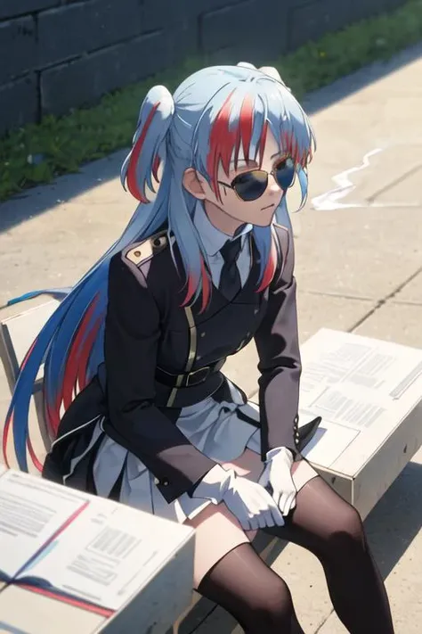 best quality, masterpiece, highres, solo, {black business suit:1.40}, {tie:1.20}, {sunglasses:1.25}, {white gloves:1.15}, {white shirt:1.10}, {black skirt:1.15}, {smoking:1.20}, handsome, {chtholly_sukasuka:1.15}, blue_hair, long_hair, blue_eyes, two_side_up, bangs, multicolored_hair